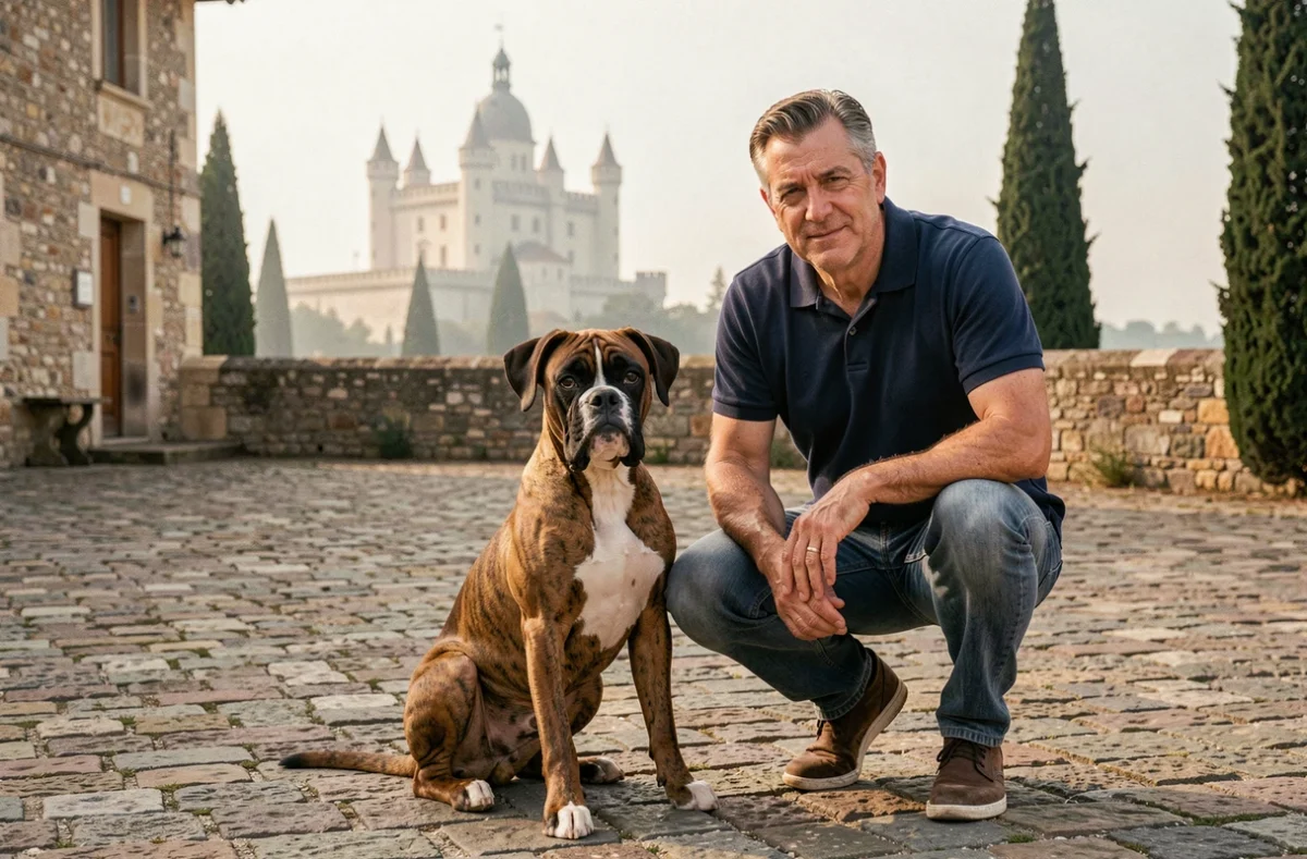Élevage Du Palais des Papes, un chiot Boxer assis dans une cour pavée avec la silhouette du Palais des Papes en arrière-plan