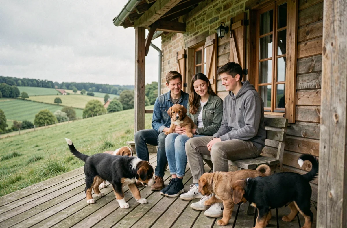 Famille d'éleveurs sur le porche de leur ferme collinaire entourés de chiots
