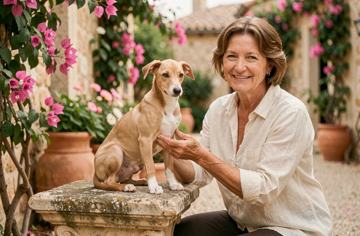 Élevage L'Oro in Bocca, un élégant chiot de race fine présenté sur un piédestal en pierre dans un jardin méditerranéen par une éleveuse souriante
