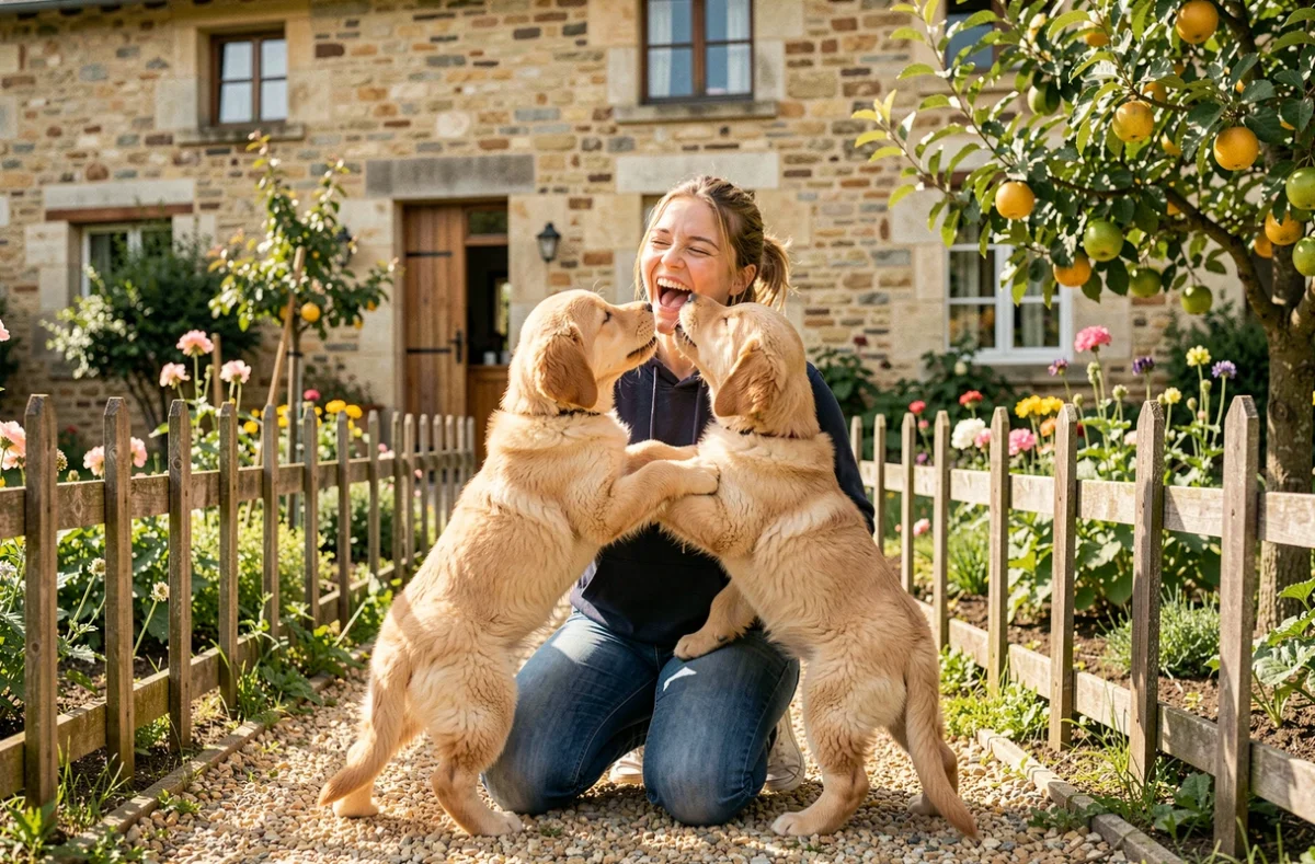 Laëtitia dans son jardin en Lorraine jouant avec des chiots Golden Retriever de son élevage