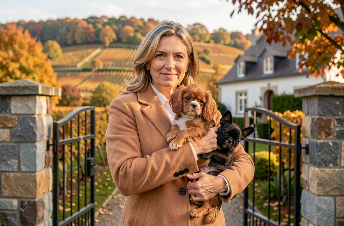 Éleveuse près de Colmar tenant un Cavalier King Charles et un Bouledogue Français chiots devant son élevage