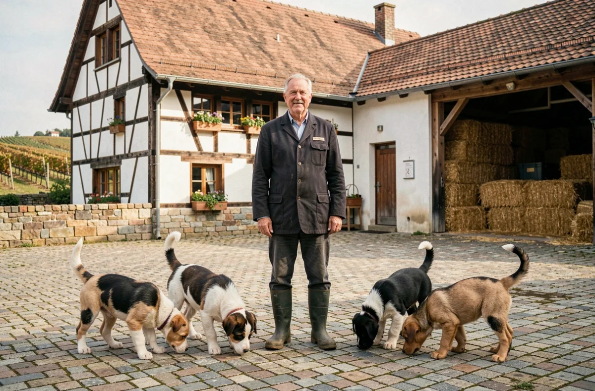 Éleveur alsacien dans la cour pavée d'une ferme à colombages traditionnelle avec des chiots