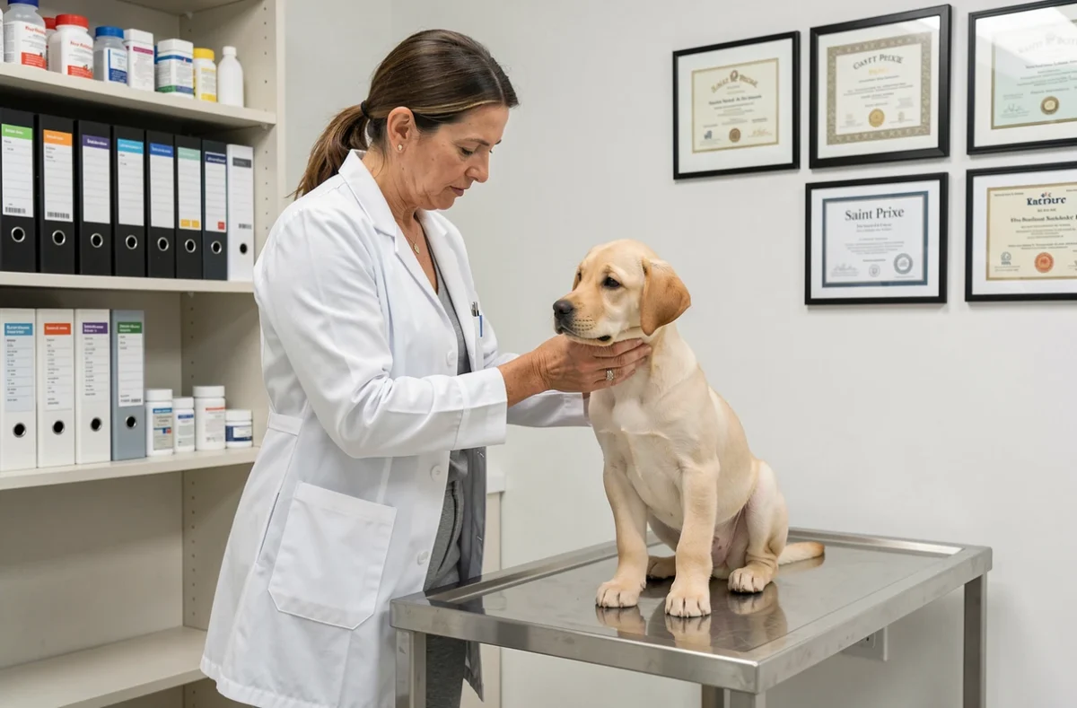 Éleveuse en blouse blanche examinant un chiot Labrador dans une salle professionnelle de l'élevage Saint Prixe