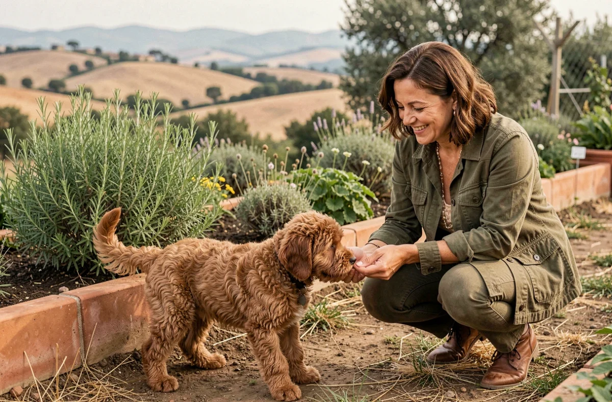 Élevage des Terres de Toscane, un chiot Lagotto Romagnolo aux boucles rousses explorant un jardin d'herbes aromatiques d'inspiration toscane