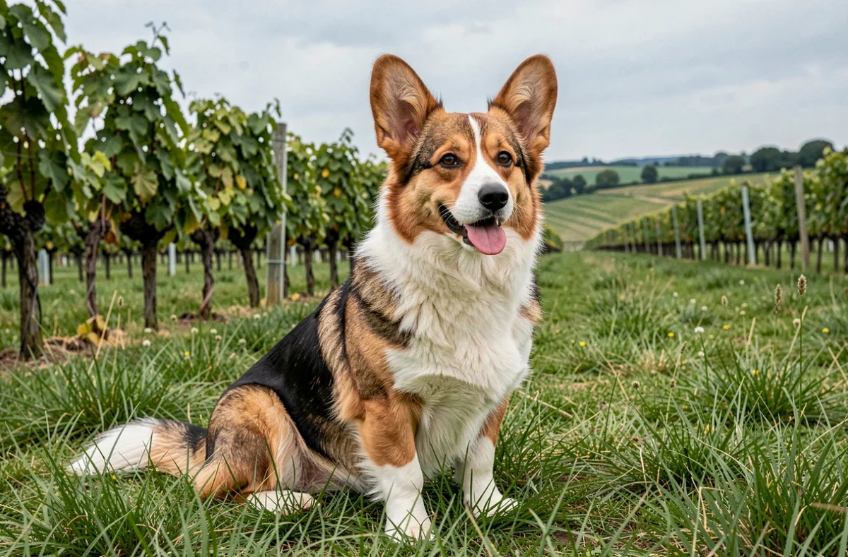 Welsh Corgi Cardigan tricolore assis dans une prairie de Gironde au bord d'un vignoble, regard vif et oreilles dressées
