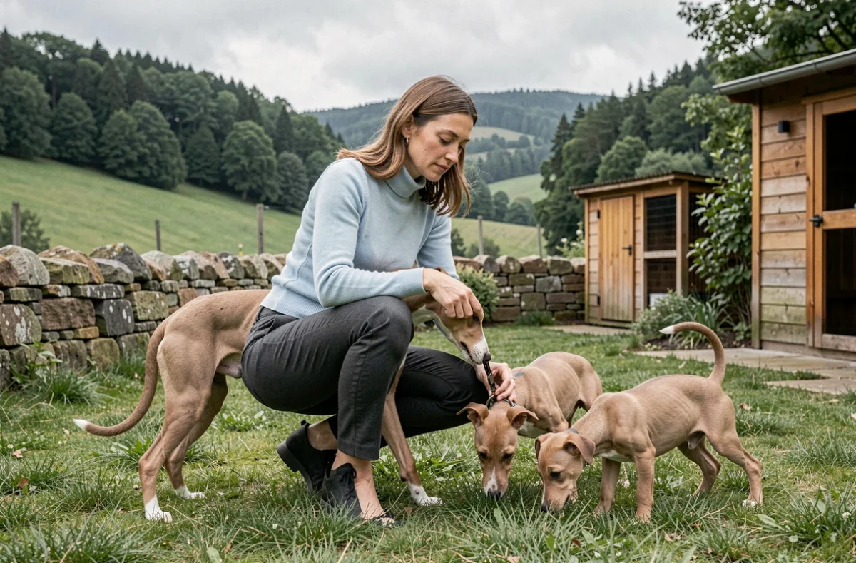 Éleveuse avec un Whippet adulte et des chiots Whippet dans un jardin des Ardennes
