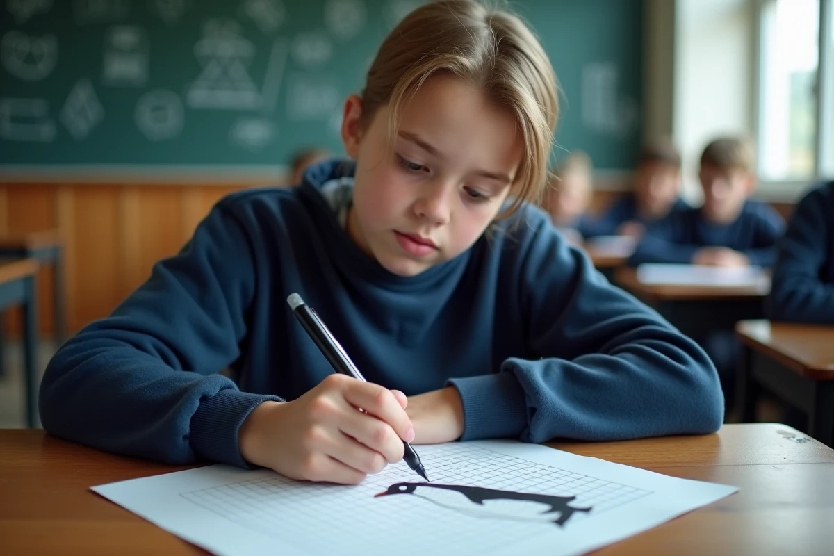 Élève dessinant un manchot pixelisé sur papier quadrillé lors d'un atelier scolaire sur l'exercice manchot plage pix