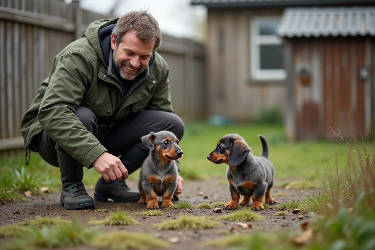 Éleveur certifié observant deux chiots teckels Kaninchen à poil dur jouer dans le jardin de son élevage