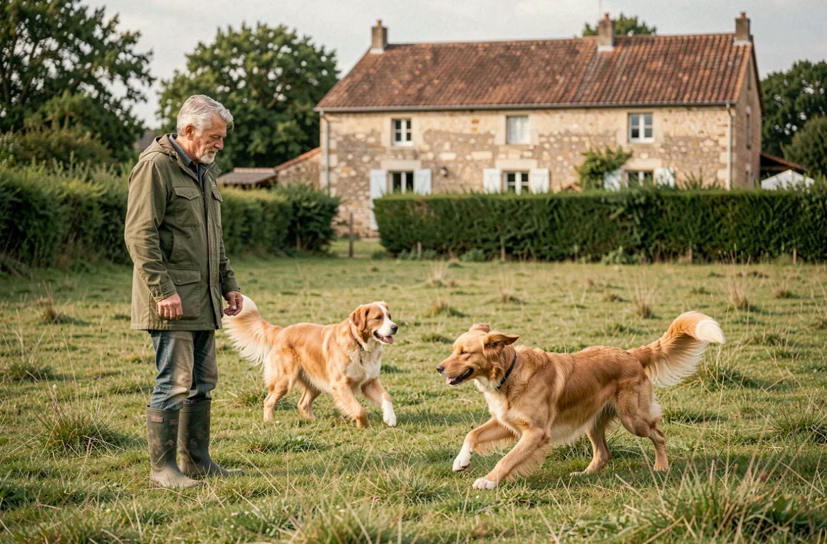 Éleveur de mencoun surveillant ses chiens adultes dans un enclos extérieur spacieux à la campagne française