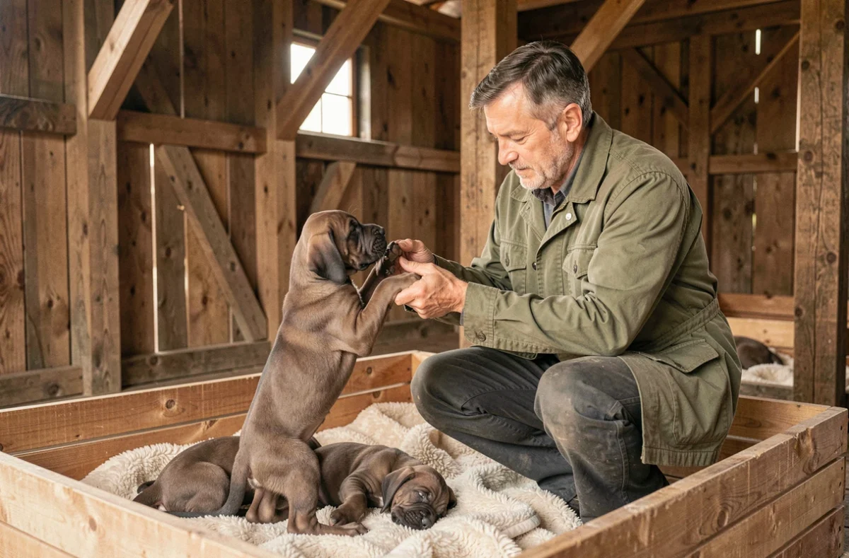 Éleveur de Beauceron inspectant les ergots de chiots nouveau-nés dans un chenil rustique lors de la sélection de la portée