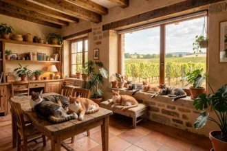 Intérieur chaleureux d'une chatterie en Gironde avec plusieurs chats de race sur des meubles en bois rustique, vue sur un vignoble bordelais