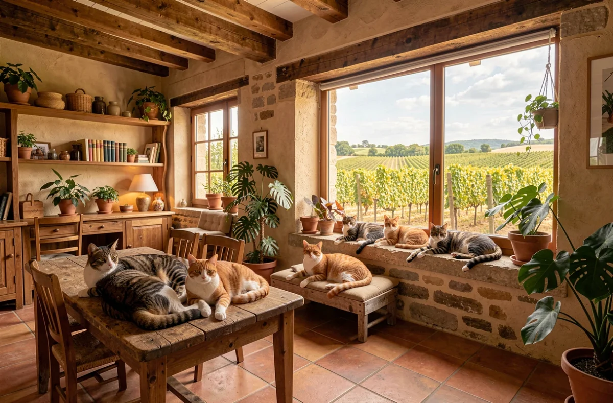 Intérieur chaleureux d'une chatterie en Gironde avec plusieurs chats de race sur des meubles en bois rustique, vue sur un vignoble bordelais