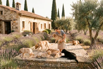 Éleveurs de chiots en Provence-Alpes-Côte d'Azur, vue générale d'un élevage provençal avec plusieurs chiots sur une terrasse en pierre entourée de lavande