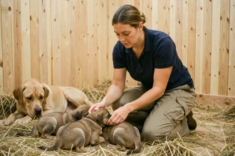 Éleveuse professionnelle de mencoun examinant un chiot dans un chenil propre et bien aménagé en France