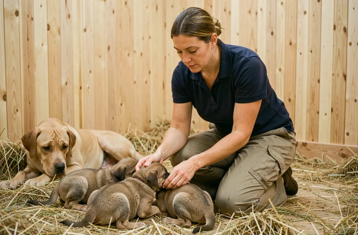 Éleveuse professionnelle de mencoun examinant un chiot dans un chenil propre et bien aménagé en France