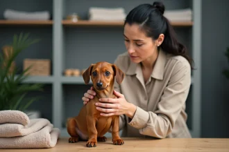 Éleveuse professionnelle tenant un chiot teckel Kaninchen à poil ras dans un élevage soigné