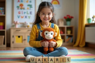 Fille de 6 ans avec jouet uakari dans une salle de jeux
