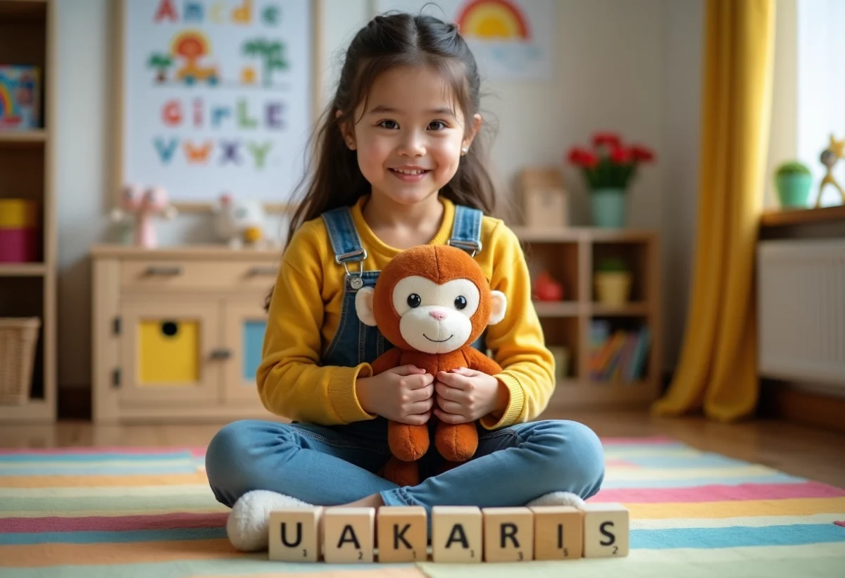 Fille de 6 ans avec jouet uakari dans une salle de jeux
