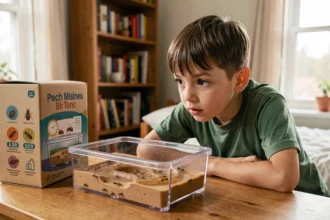 Enfant de 8 ans observant un kit fourmilière transparent avec des fourmis vivantes sur un bureau en bois