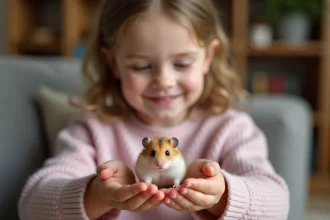Jeune fille tenant délicatement un hamster russe nain dans ses mains ouvertes dans un salon chaleureux