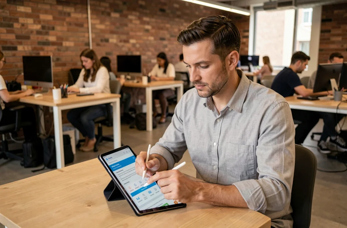 Entrepreneur comparant des offres d'assurance responsabilité civile professionnelle sur une tablette dans un espace de coworking