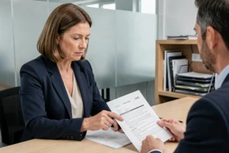 Une femme examine attentivement un contrat d'assurance emprunteur avec un conseiller bancaire pour vérifier l'équivalence des garanties