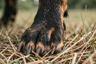 Gros plan sur l'ergot double d'un Beauceron, montrant la structure anatomique du doigt supplémentaire sur la patte arrière