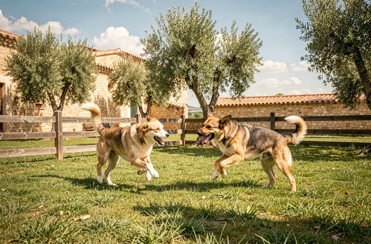 Deux chiens jouant librement dans le jardin extérieur d'une pension canine en Provence avec un décor typique du sud de la France
