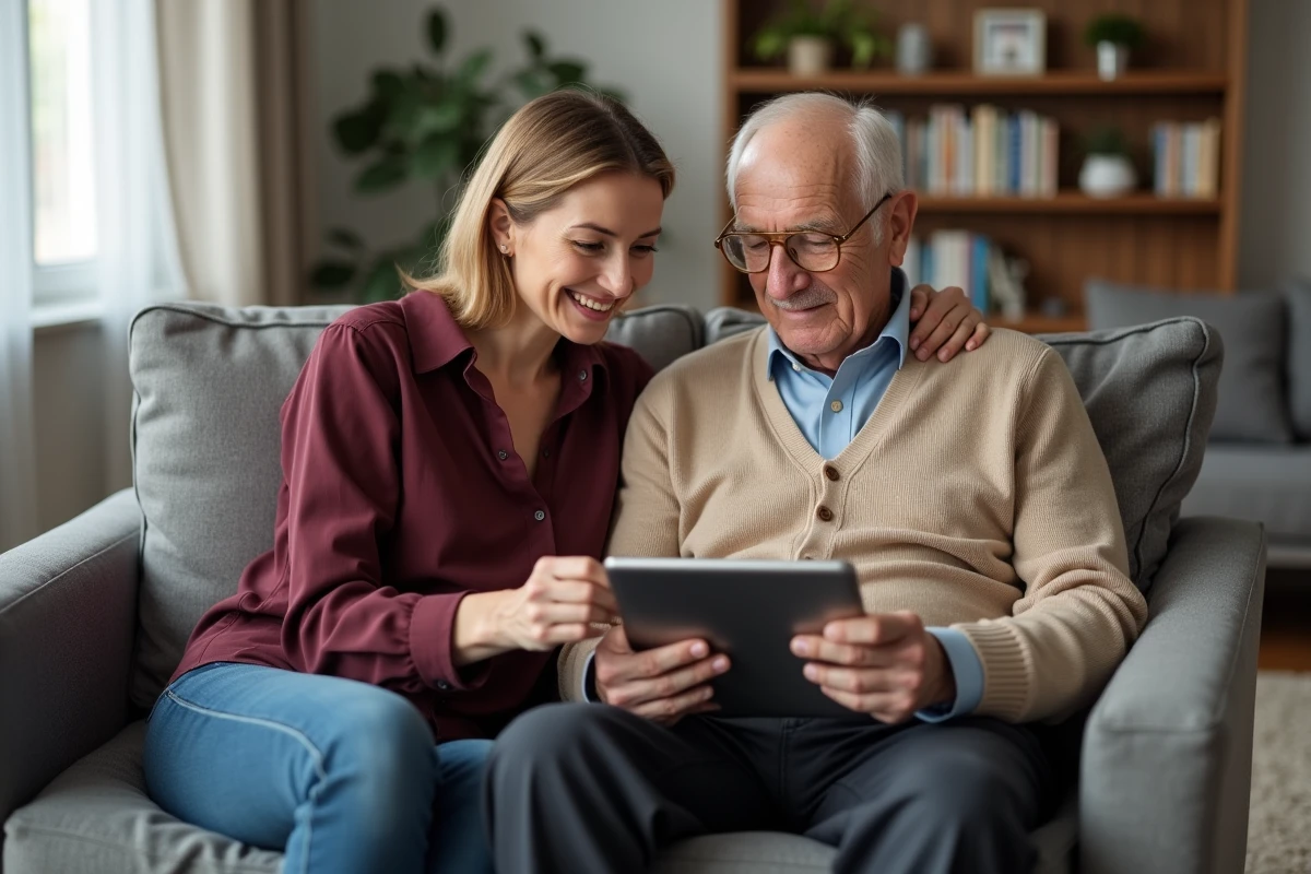 Fille adulte expliquant une application de géolocalisation à son père âgé dans un salon familial moderne