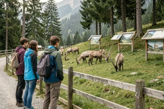 Famille observant des bouquetins des Alpes dans un parc animalier en Savoie, visite respectueuse de la faune sauvage