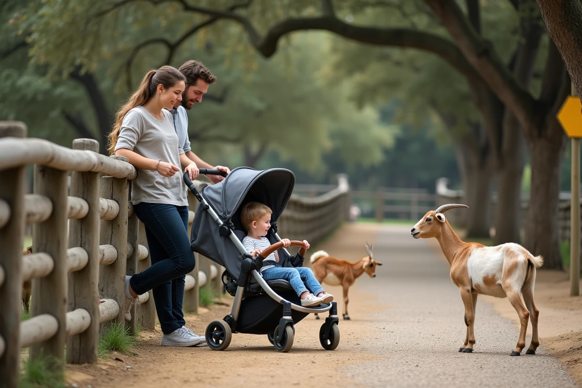 Famille avec poussette observant des animaux dans un enclos au parc zoologique de Strasbourg