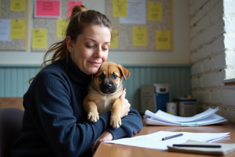 Femme avec chiot dans refuge animalier