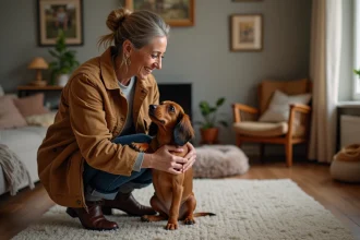 Femme souriante avec un chiot dachshund dans un intérieur chaleureux