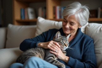 Femme en cardigan bleu caressant un chat gris dans son salon