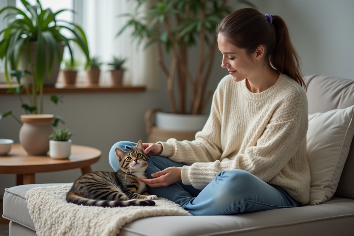 Jeune femme caressant un chat sterilise sur un canapé