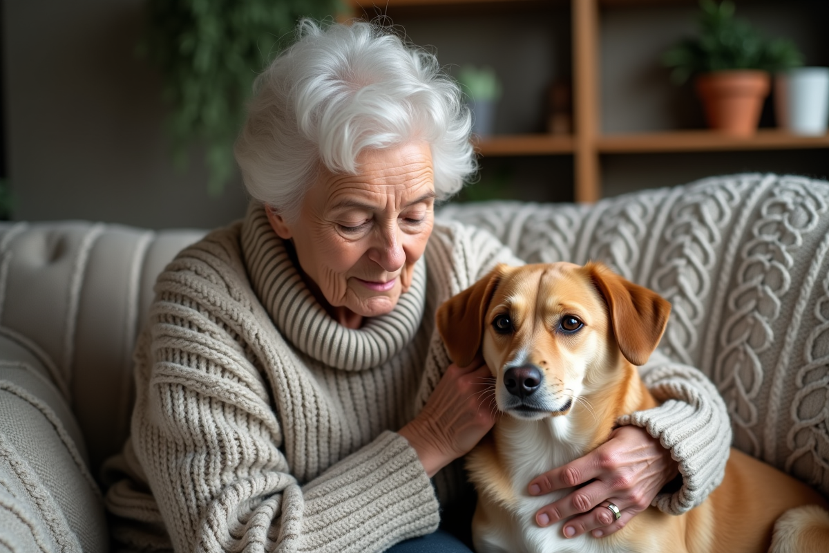 Femme agee caressant un chien anxieux dans un salon