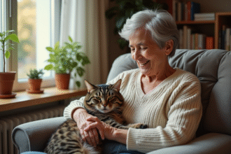 Femme âgée caressant un chat sur ses genoux dans un salon lumineux