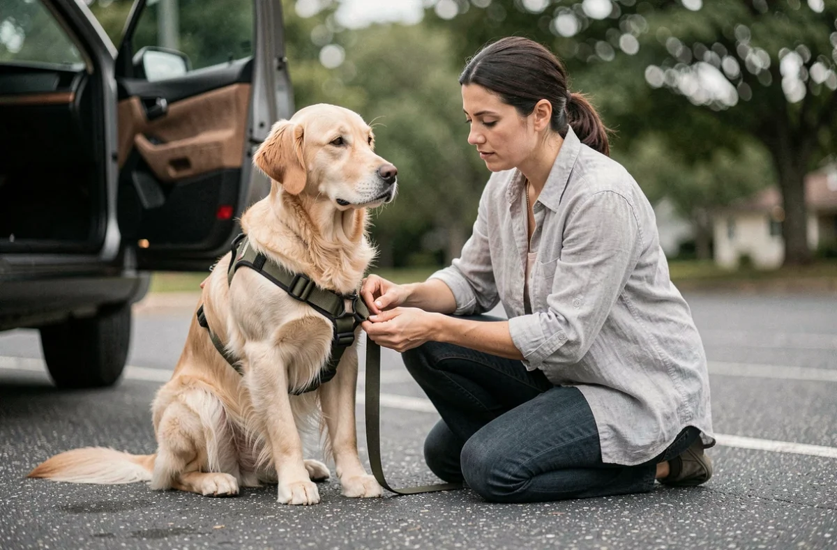 Femme ajustant le harnais de voyage de son golden retriever dans un parking avant de prendre la route