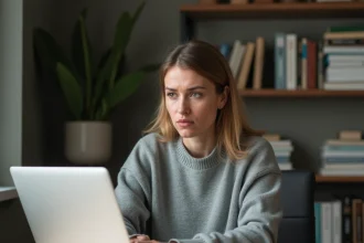 Femme analysant un site web douteux sur son ordinateur portable dans un bureau à domicile