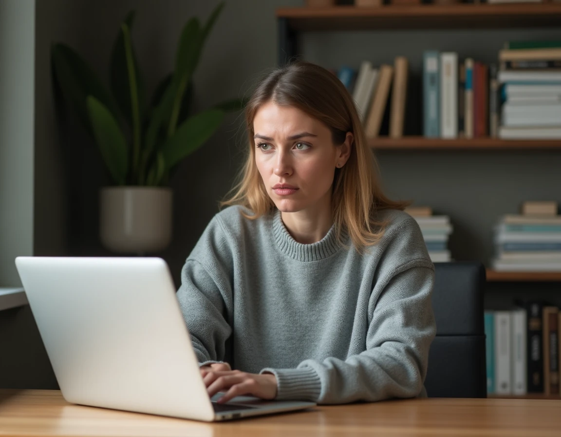 Femme analysant un site web douteux sur son ordinateur portable dans un bureau à domicile