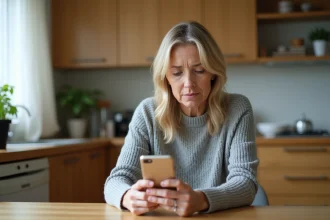Femme adulte consultant une application de localisation familiale sur son smartphone dans une cuisine chaleureuse