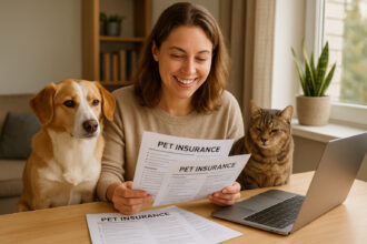 Femme souriante vérifiant documents d'assurance pour animaux