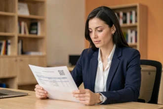 Femme professionnelle consultant une attestation d'assurance responsabilité civile dans un bureau moderne