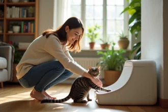 Femme assise près d'une litière pour chat dans un salon lumineux