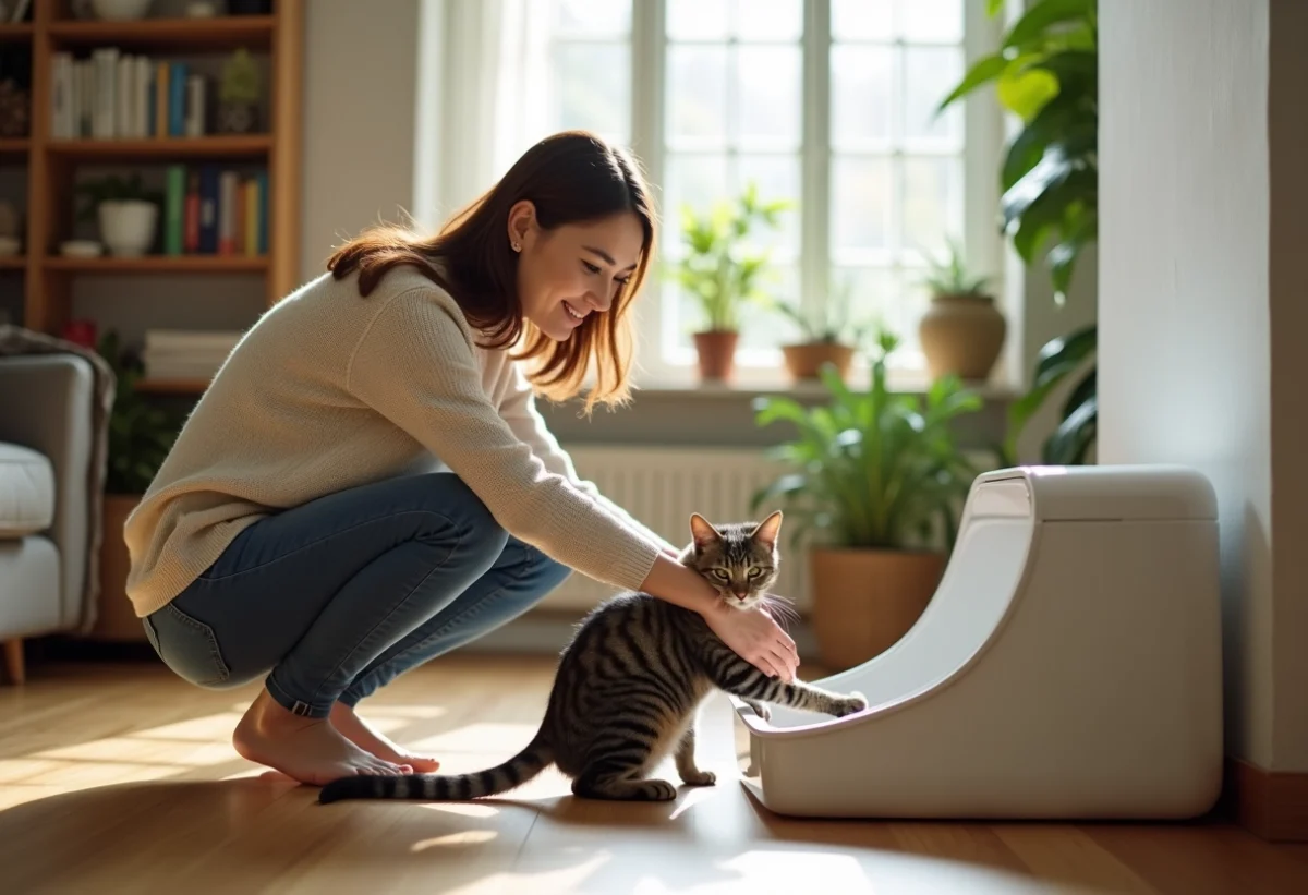 Femme assise près d'une litière pour chat dans un salon lumineux