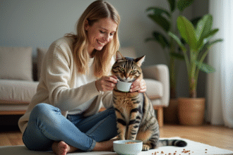 Femme avec chat domestique dans un salon chaleureux
