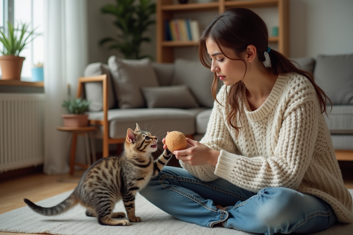 Jeune femme avec chaton dans un intérieur chaleureux
