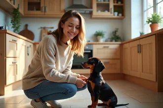 Femme souriante avec un chien dachshund dans la cuisine lumineuse