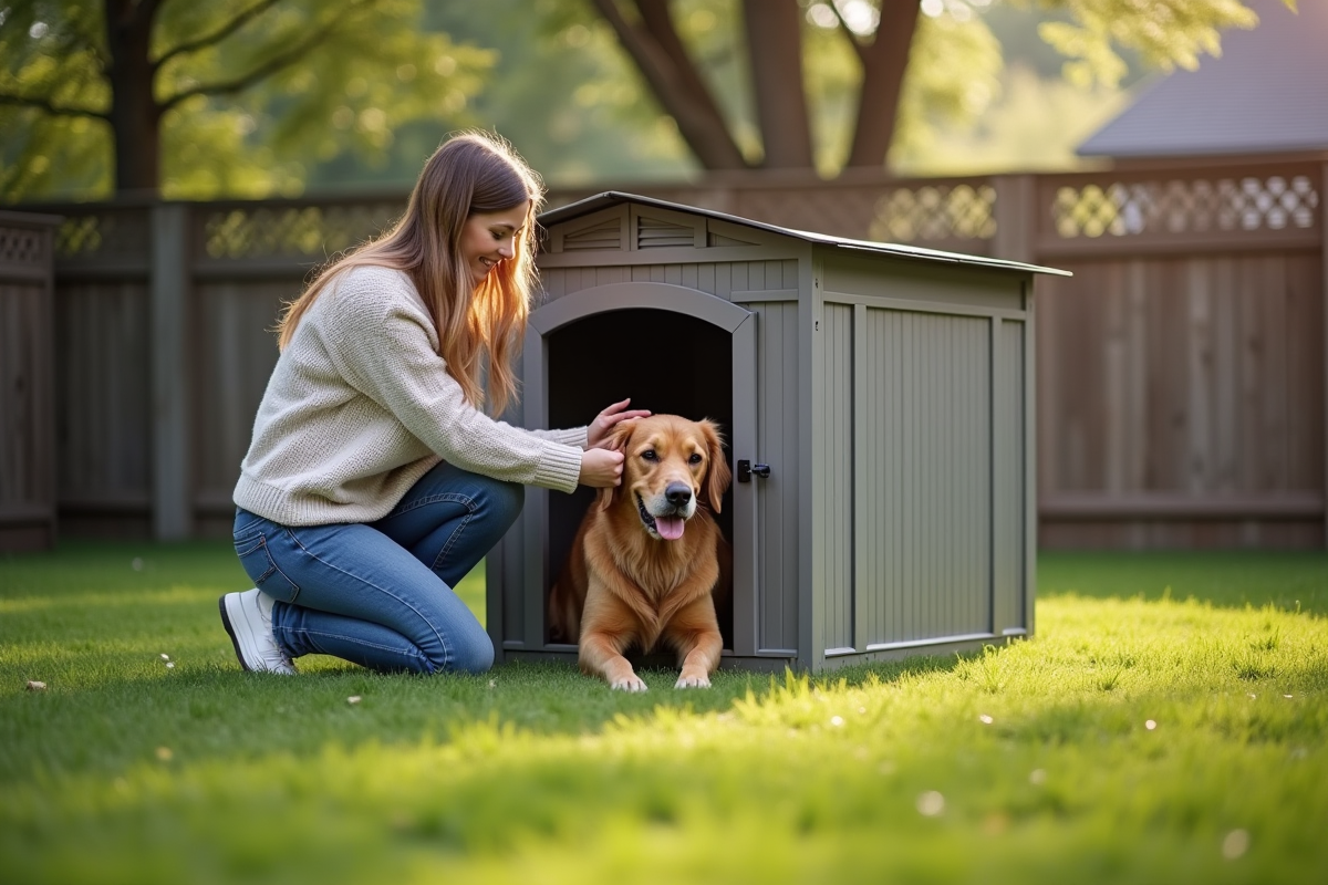 Femme avec un golden retriever dans le jardin
