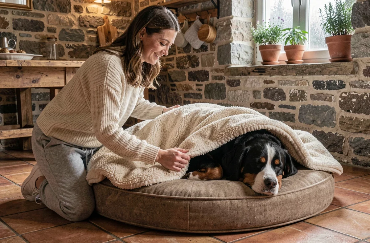 Femme couvrant son bouvier bernois endormi sur un grand lit rond pour chien en hiver dans une cuisine rustique